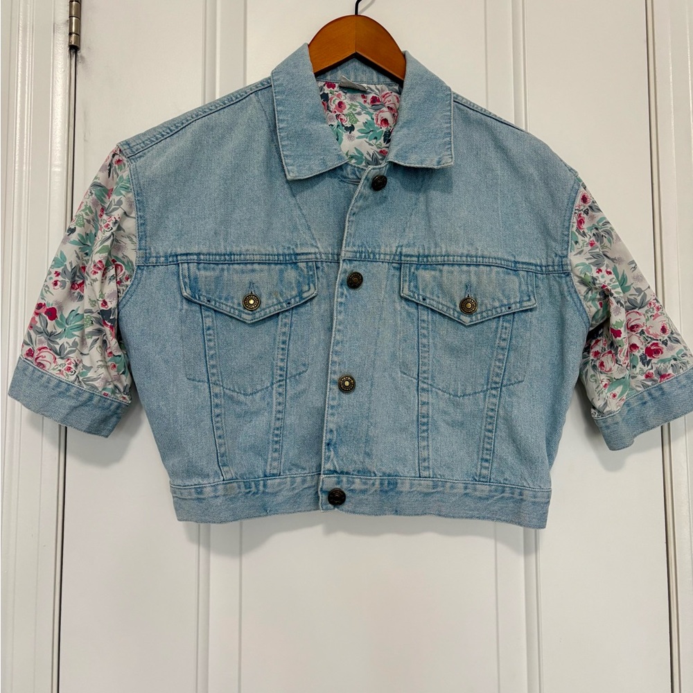 Light Wash Denim Crop Jacket with Floral Sleeves